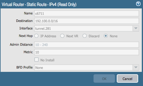 Virtual Router window - Static Route - IPv4